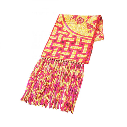 HERMES MOSAIQUE AU 24 Fringe Silk Pink Red Scarf