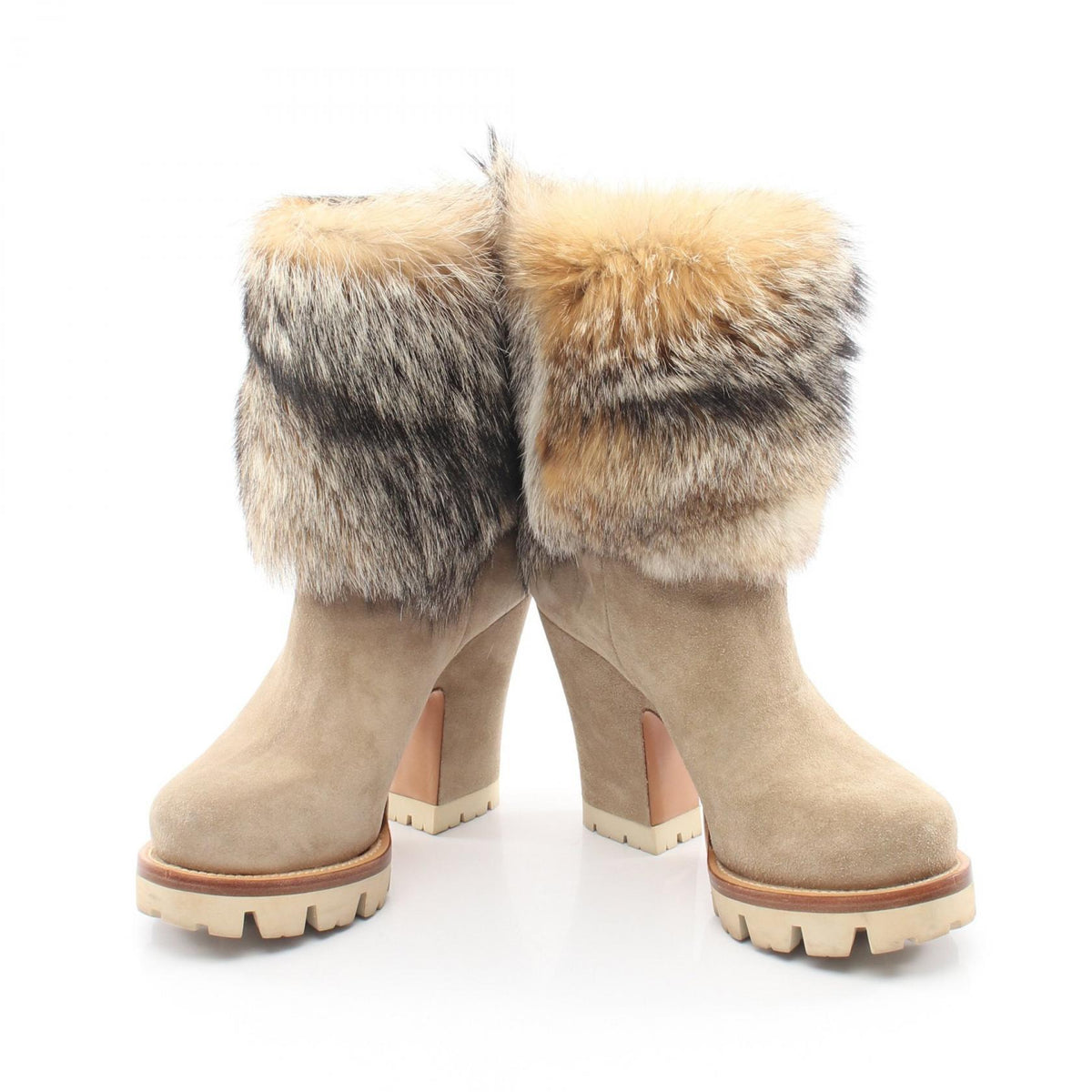 PRADA Suede Fur Boots - Beige Size 35.5