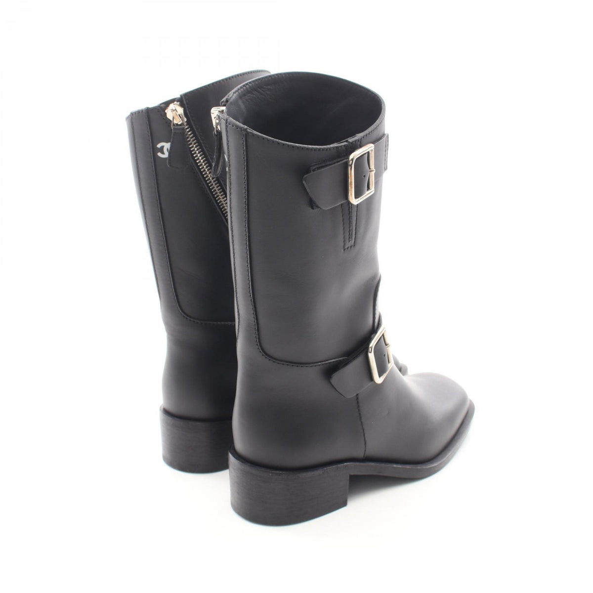 CHANEL Coco Mark Leather Engineer Boots Black Size 35.5