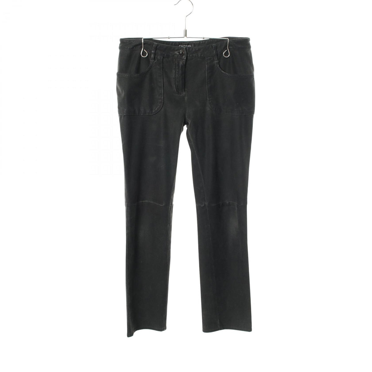 CHANEL Coco Mark Pearl Button Skinny Cotton Gray Pants Size 38