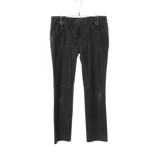 CHANEL Coco Mark Pearl Button Skinny Cotton Gray Pants Size 38