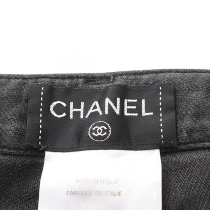 CHANEL Coco Mark Pearl Button Skinny Cotton Gray Pants Size 38