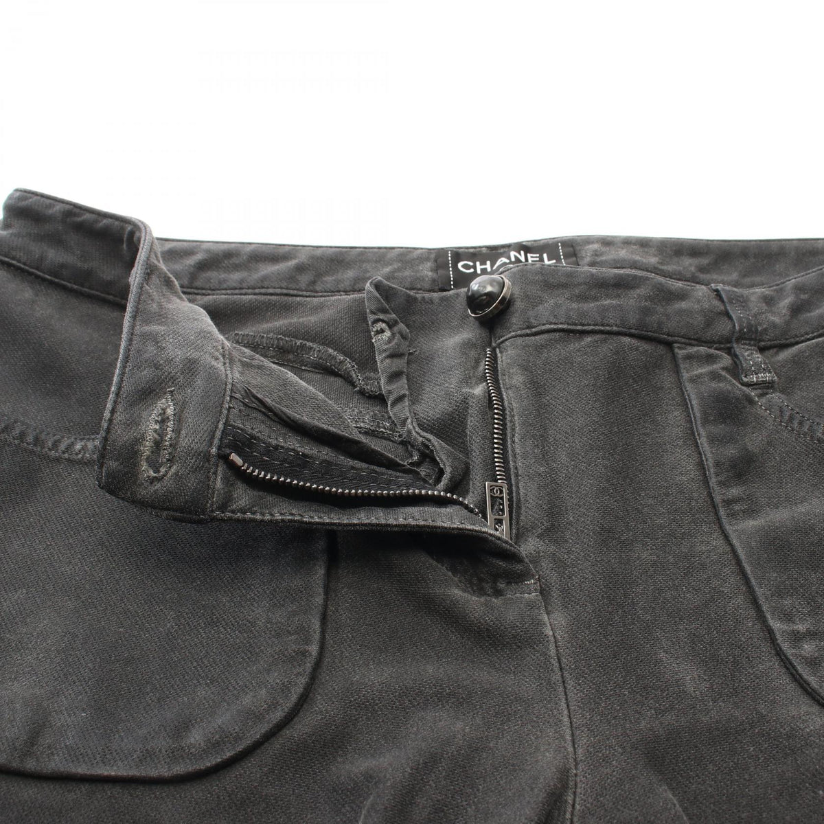 CHANEL Coco Mark Pearl Button Skinny Cotton Gray Pants Size 38