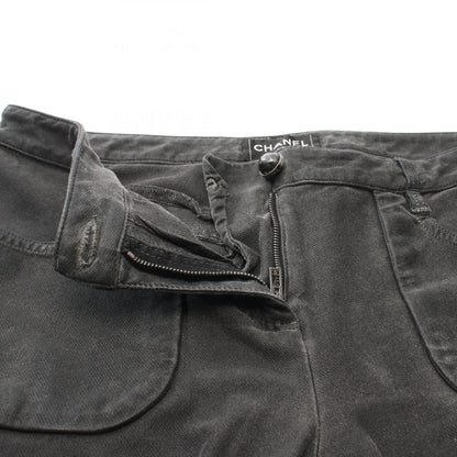 CHANEL Coco Mark Pearl Button Skinny Cotton Gray Pants Size 38