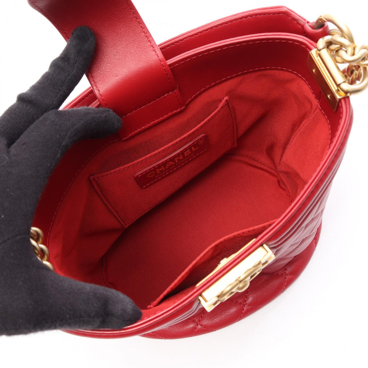 CHANEL Boy Chanel 2-Way Lambskin Bag Red