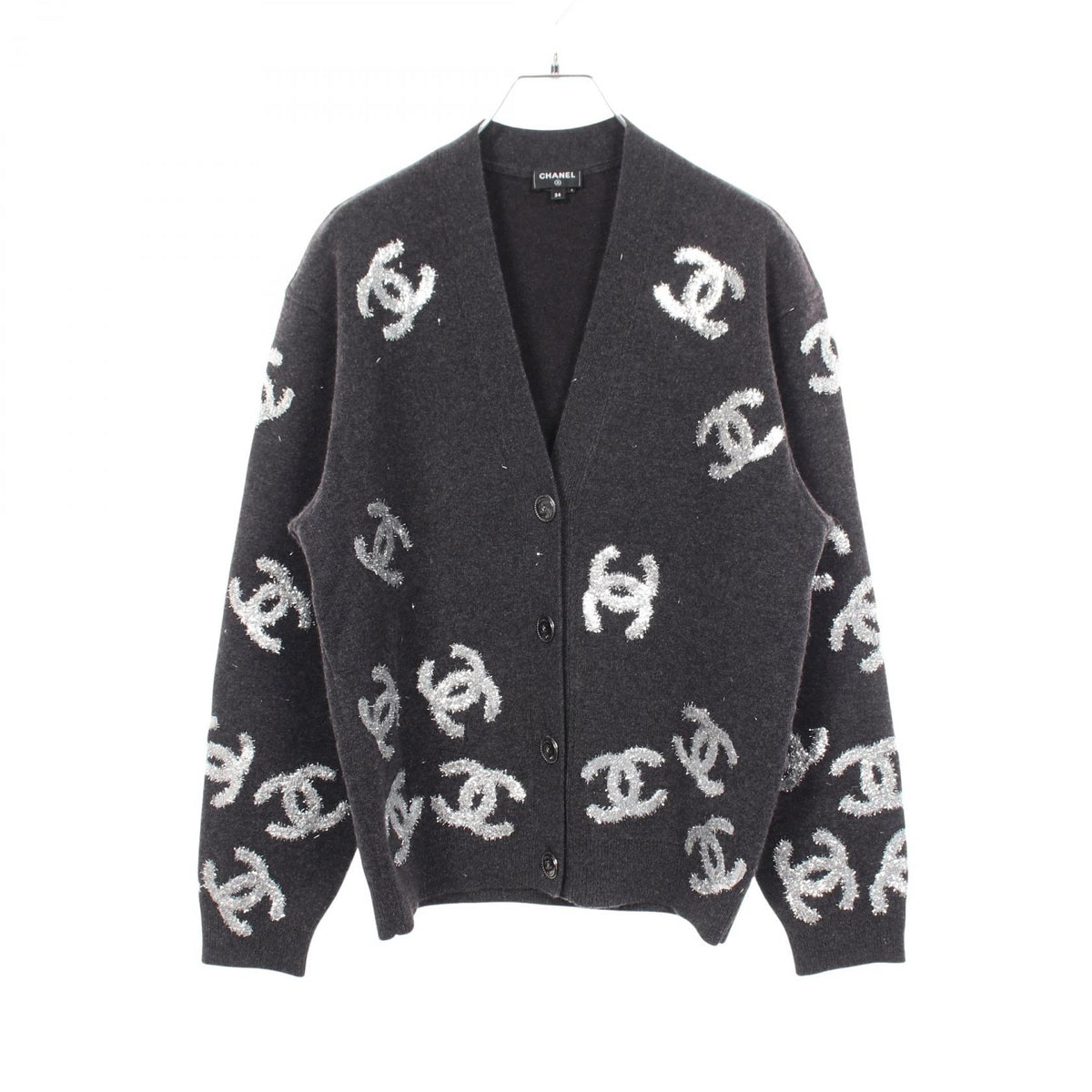 CHANEL Coco Mark Glitter Logo Cashmere Cardigan Gray Size 34