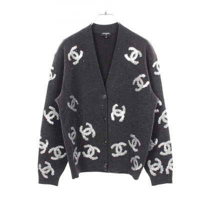 CHANEL Coco Mark Glitter Logo Cashmere Cardigan Gray Size 34