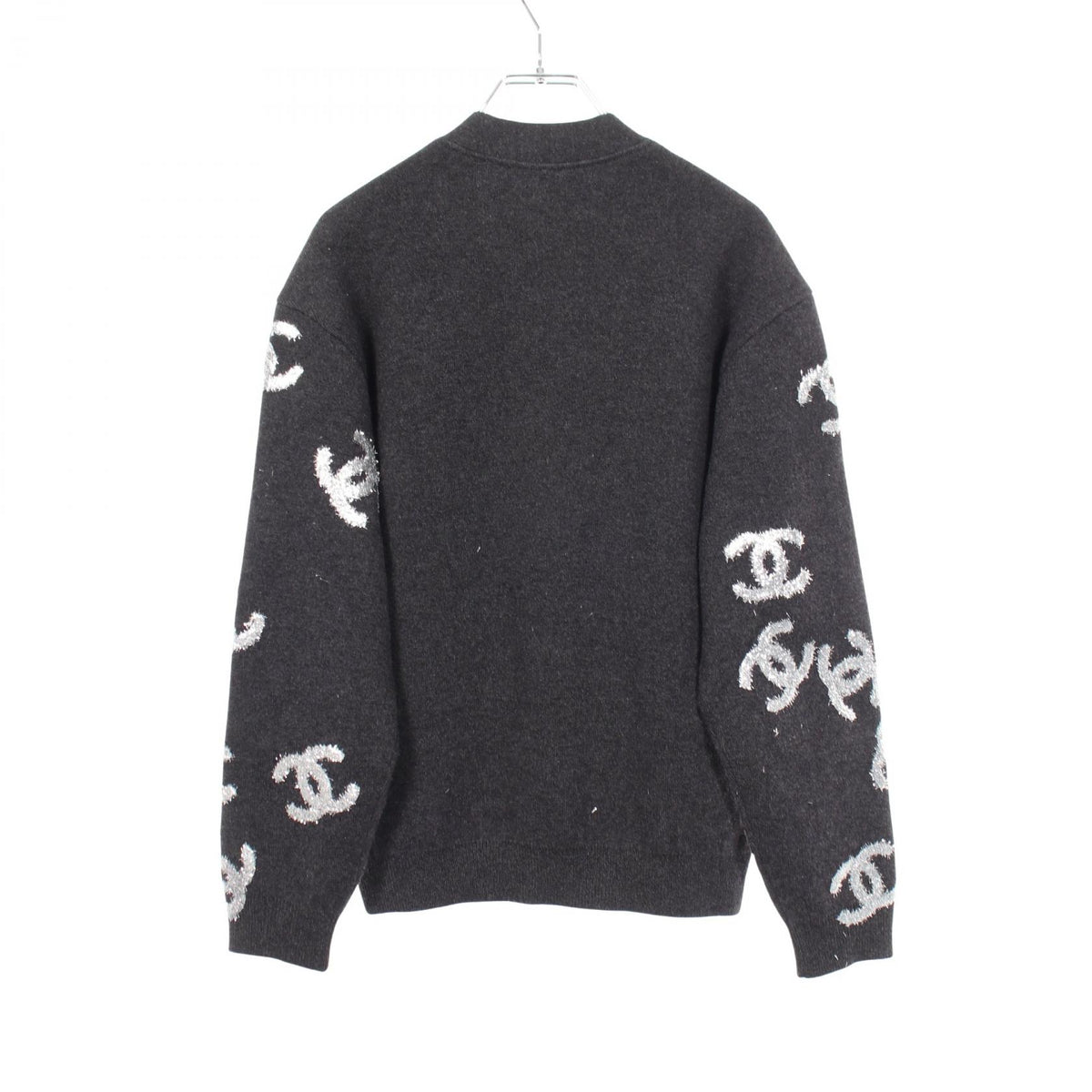 CHANEL Coco Mark Glitter Logo Cashmere Cardigan Gray Size 34