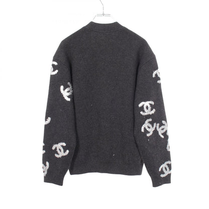 CHANEL Coco Mark Glitter Logo Cashmere Cardigan Gray Size 34
