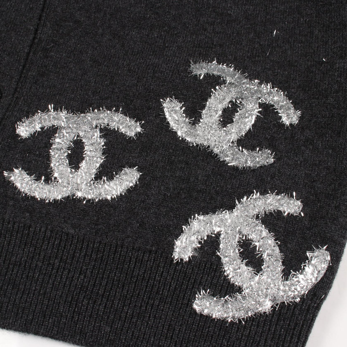 CHANEL Coco Mark Glitter Logo Cashmere Cardigan Gray Size 34