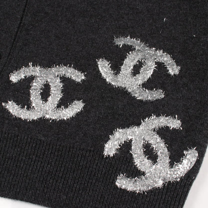 CHANEL Coco Mark Glitter Logo Cashmere Cardigan Gray Size 34