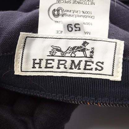 HERMES H Embroidered Fabric Cap Navy Blue Size 59