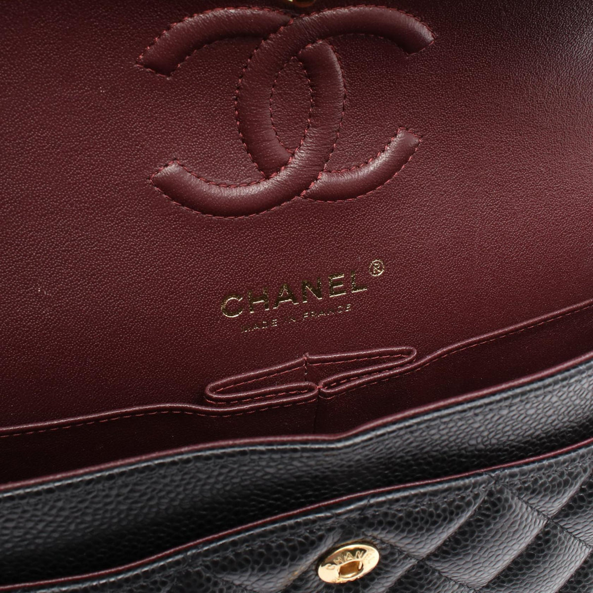 CHANEL Black Caviar Skin Matelasse Gold HW Shoulder Bag