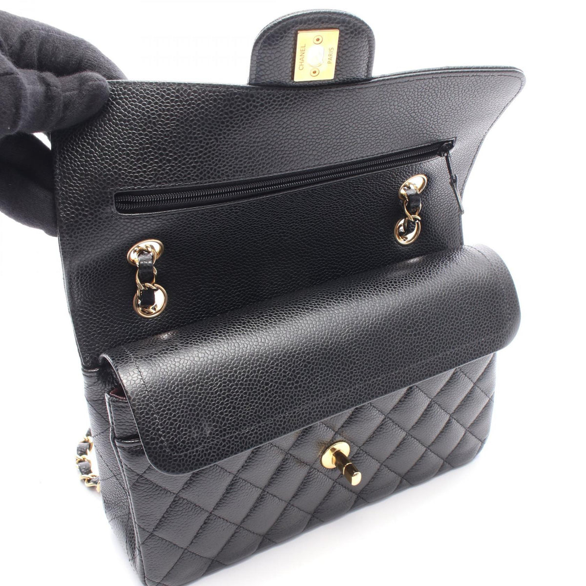 CHANEL Black Caviar Skin Matelasse Gold HW Shoulder Bag