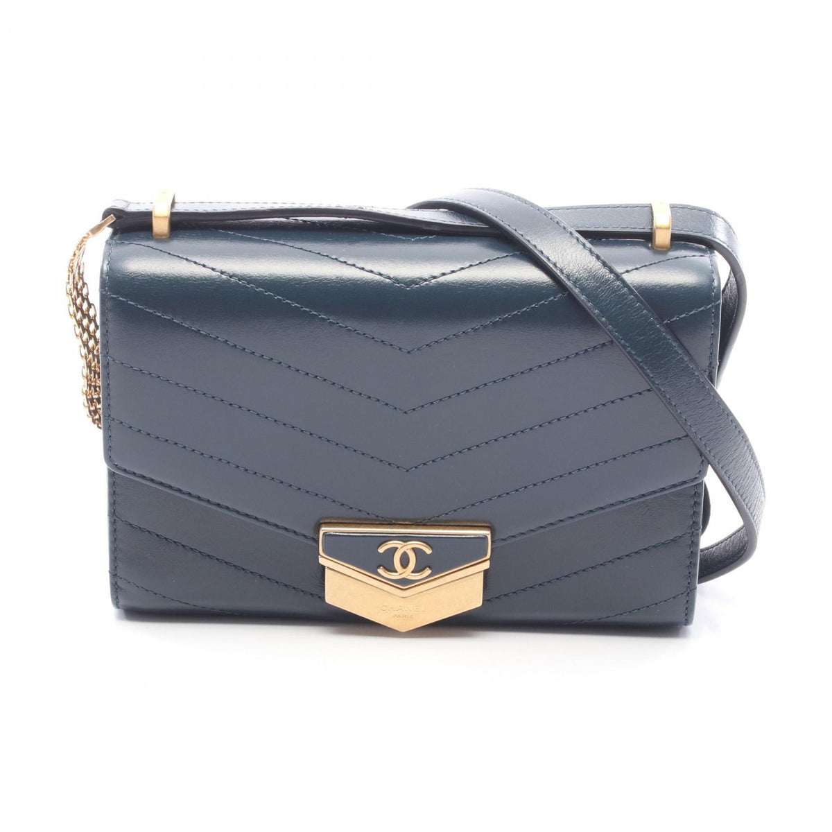 CHANEL Green Chevron V-Stitch Shoulder Bag