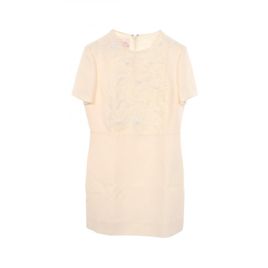 Valentino Floral Bead Wool Silk Dress Beige Size 42