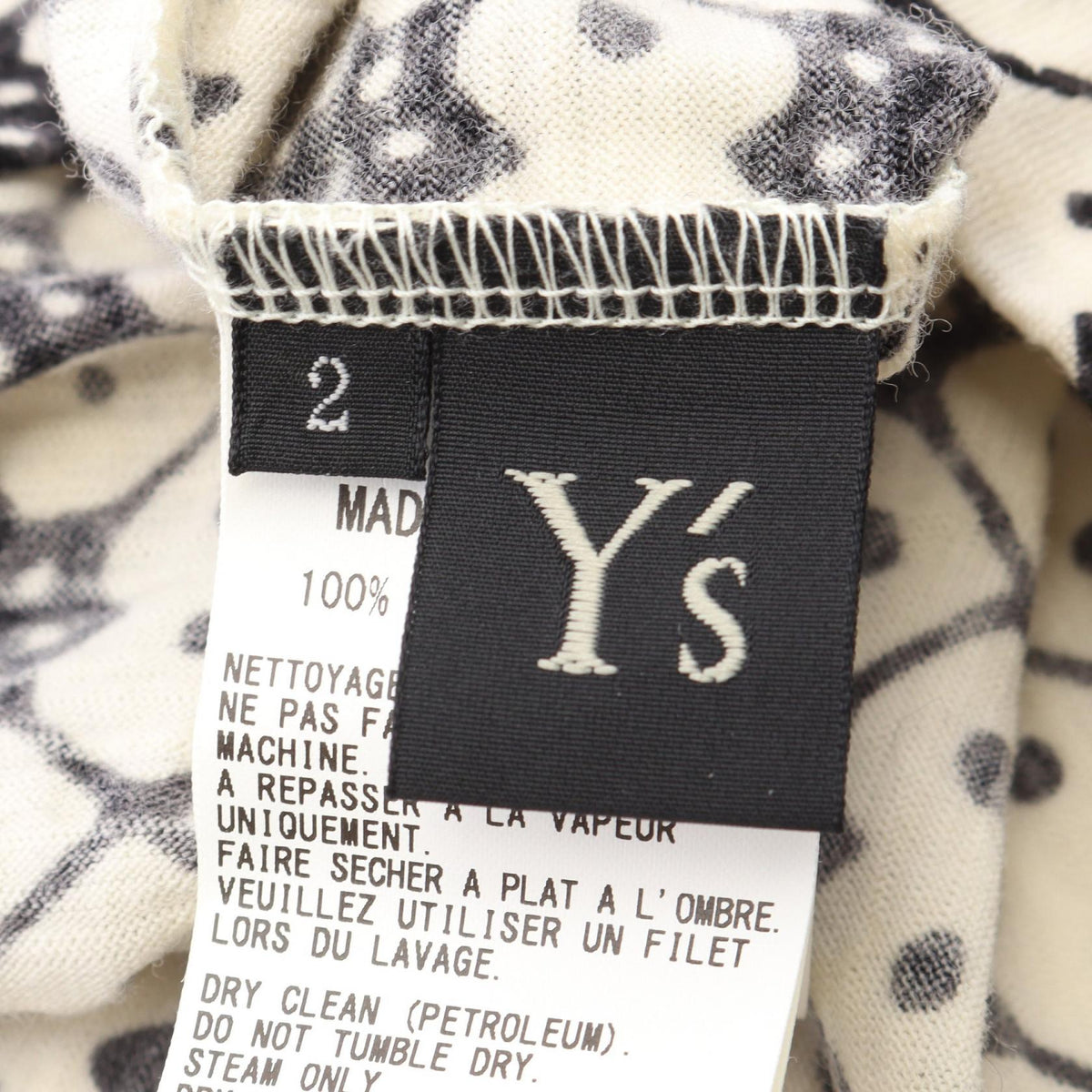 Y's All-Over Print Wool Long Sleeve White Black T-Shirt Size 2