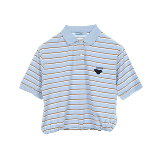 PRADA Cropped Striped Cotton Polo Shirt Blue Size 36