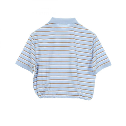 PRADA Cropped Striped Cotton Polo Shirt Blue Size 36