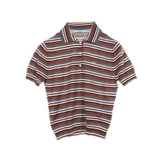 PRADA Striped Short Sleeve Cotton Silk Shirt Brown Polo Size 36