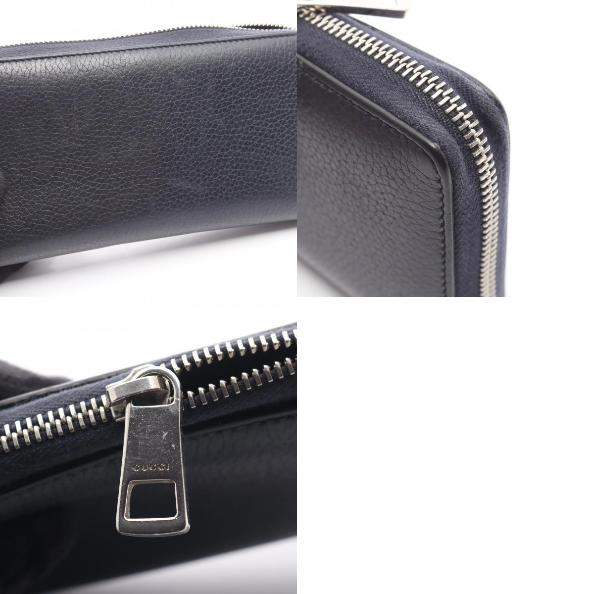 GUCCI GG Metal Round Zip Leather Wallet Navy