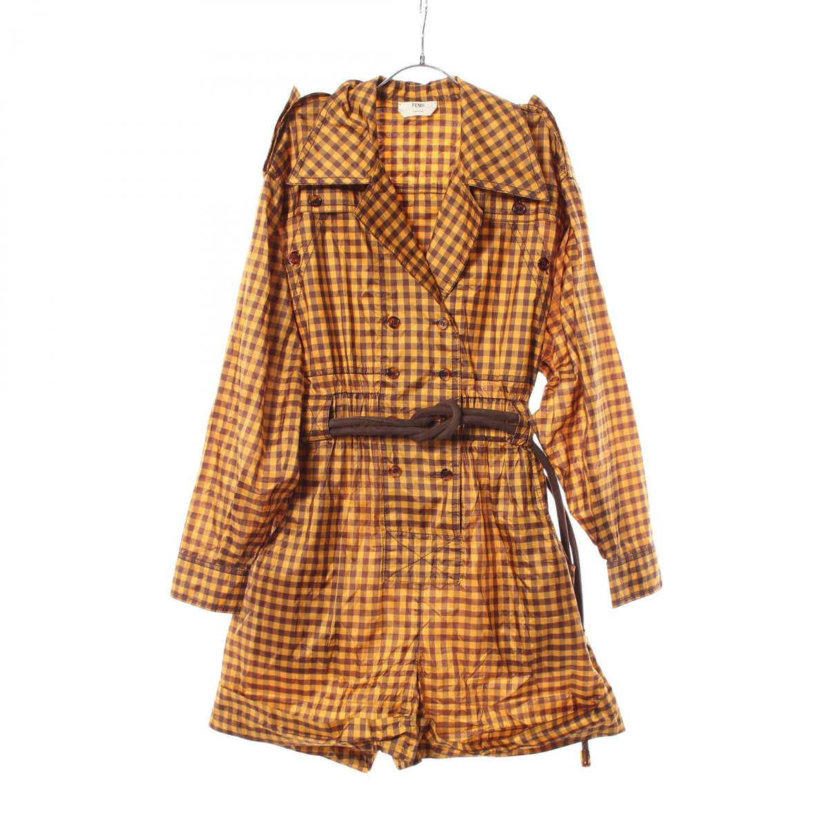 FENDI Gingham Check Silk Jumpsuit Orange Brown Size 36