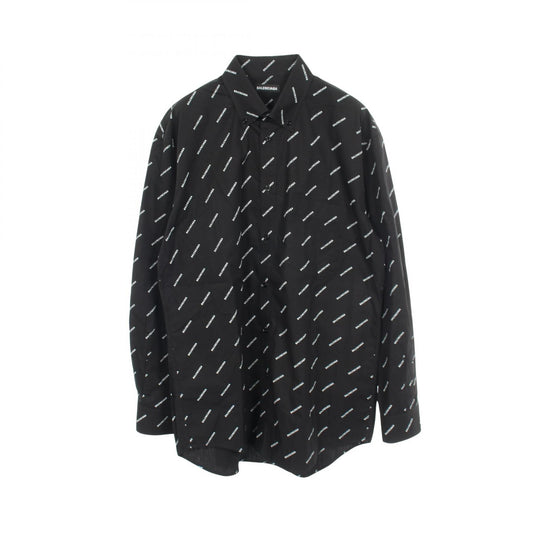 BALENCIAGA All-Over Logo Cotton Long Sleeve Button Down Black Size 37