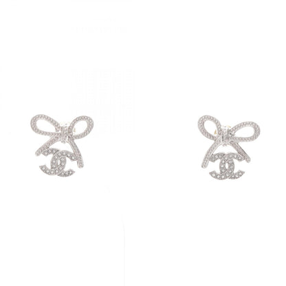 CHANEL CC Mark Ribbon Metal Silver Tone Earrings