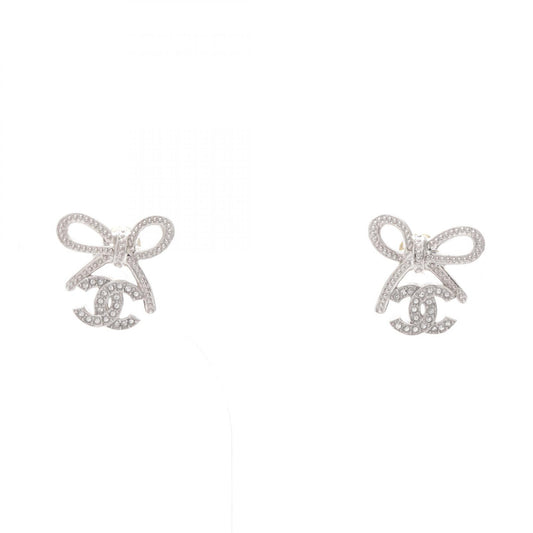 CHANEL CC Mark Ribbon Metal Silver Tone Earrings