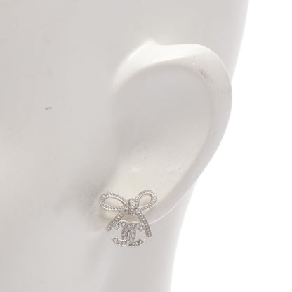 CHANEL CC Mark Ribbon Metal Silver Tone Earrings