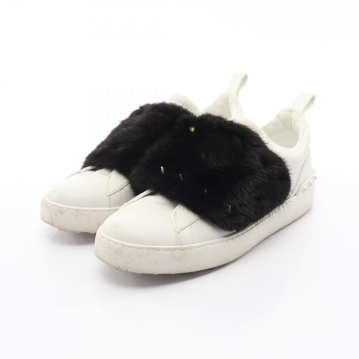 Valentino Leather Fur Slip-Ons White Black Size 40