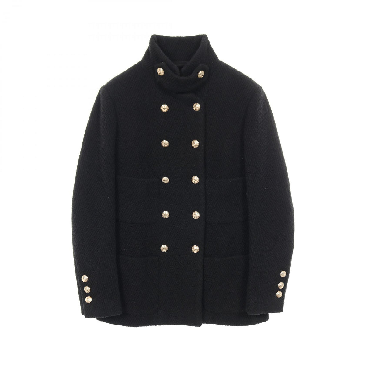 CHANEL Wool Coco Mark Button Coat Black Size 34