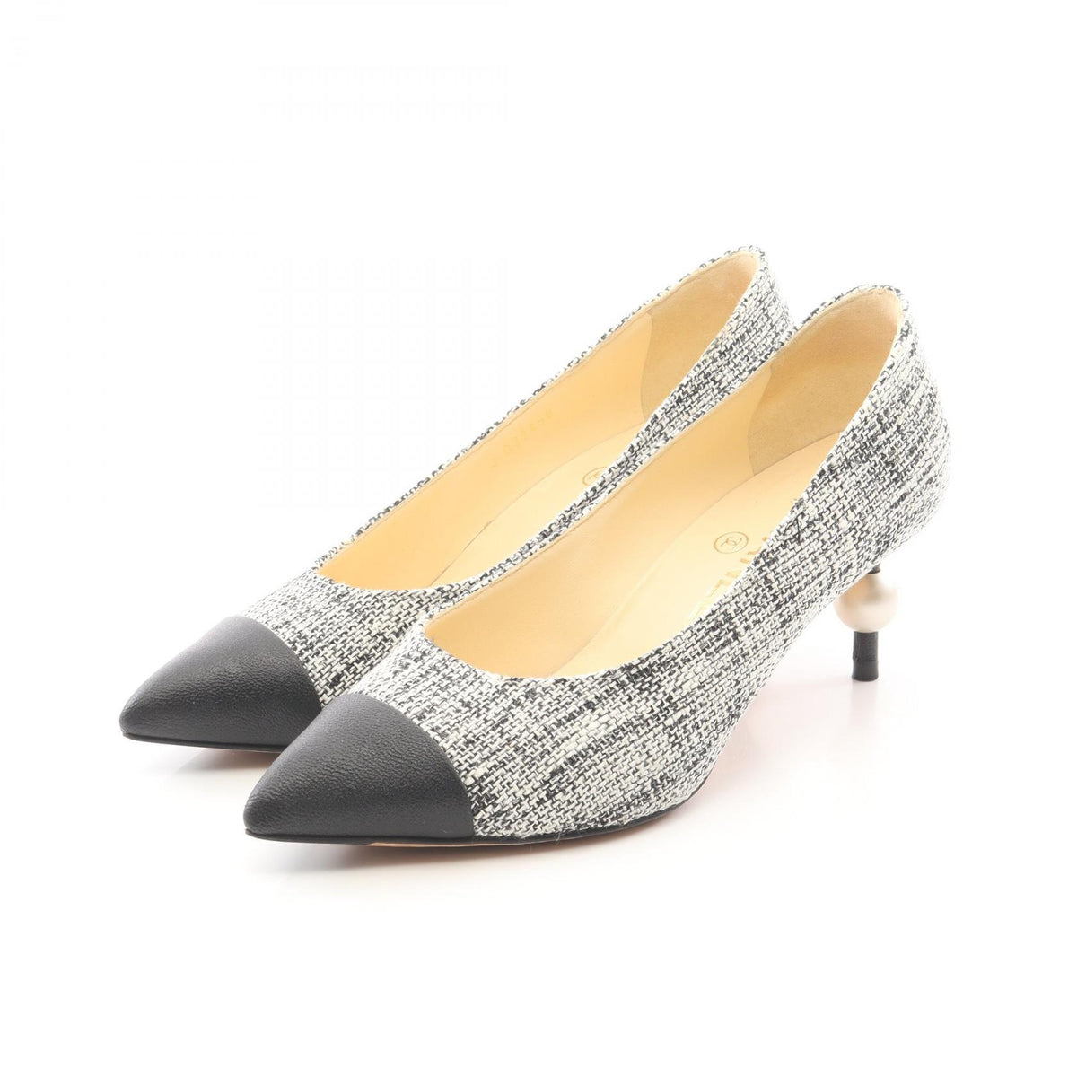 CHANEL Coco Mark Fabric Leather Pumps Black Size 34.5