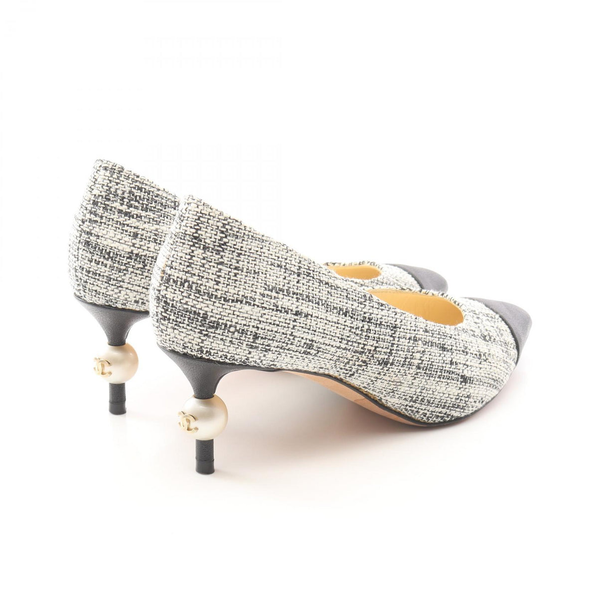 CHANEL Coco Mark Fabric Leather Pumps Black Size 34.5