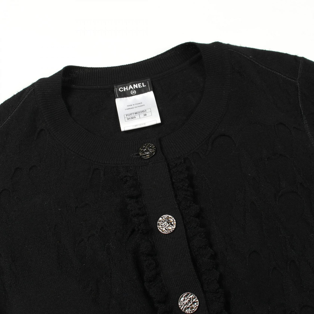 CHANEL Coco Mark Button Frill Wool Cardigan Size 38