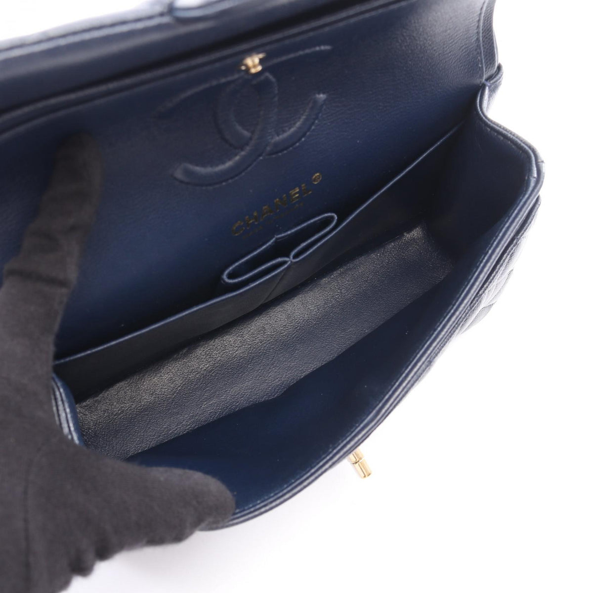CHANEL Matelasse W Flap Caviar Bag Navy