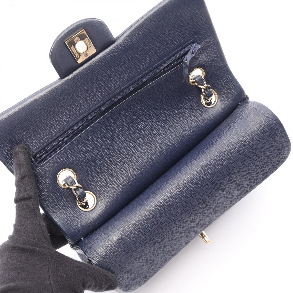 CHANEL Matelasse W Flap Caviar Bag Navy