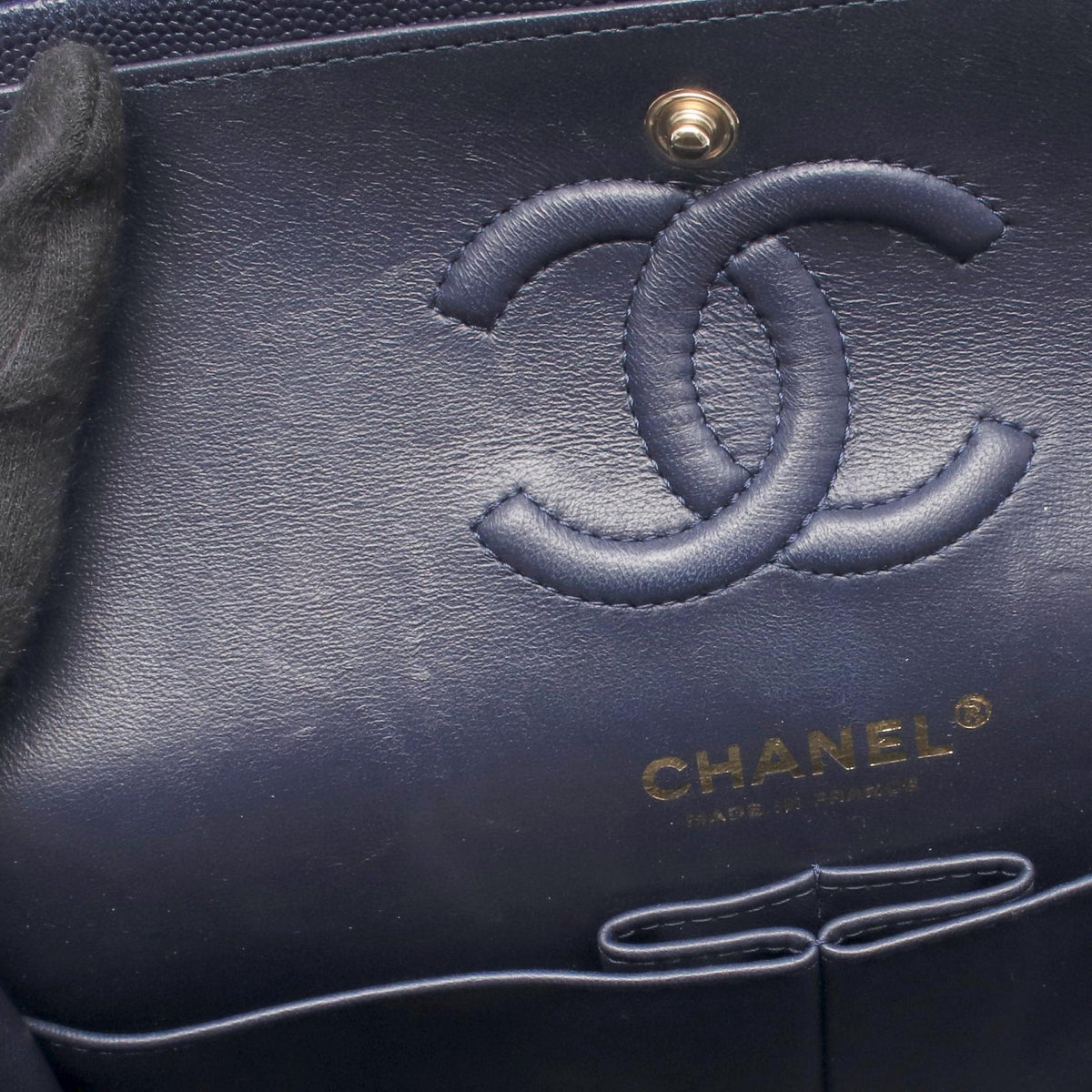 CHANEL Matelasse Double Flap Navy Caviar Shoulder Bag