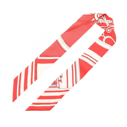 HERMES Red Silk Twilly Carriage Scarf
