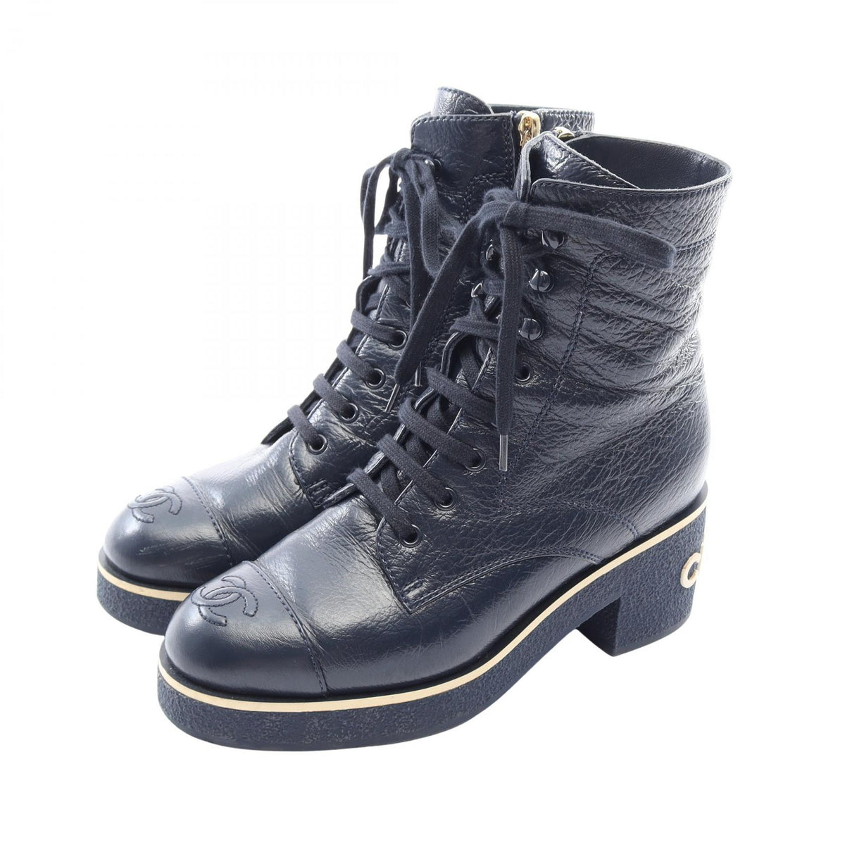 CHANEL Coco Mark Side Zip Lace Up Leather Boots Size 36.5