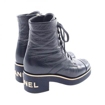 CHANEL Coco Mark Side Zip Lace Up Leather Boots Size 36.5
