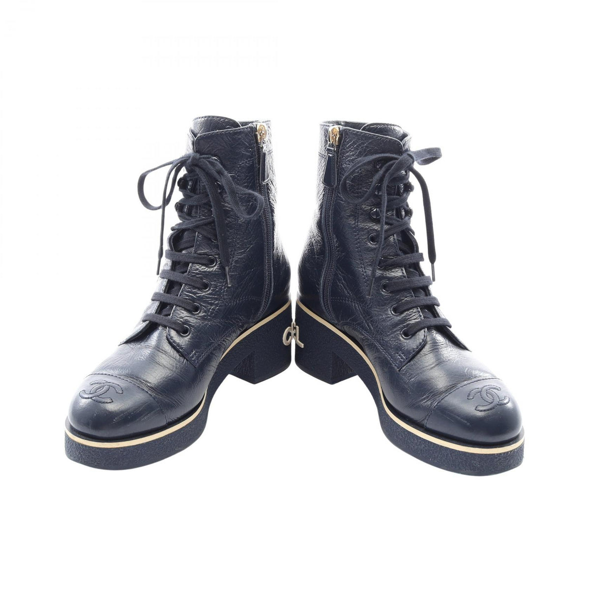 CHANEL Coco Mark Side Zip Lace Up Leather Boots Size 36.5