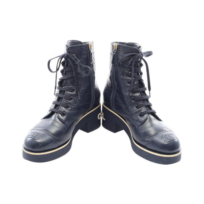 CHANEL Coco Mark Side Zip Lace Up Leather Boots Size 36.5