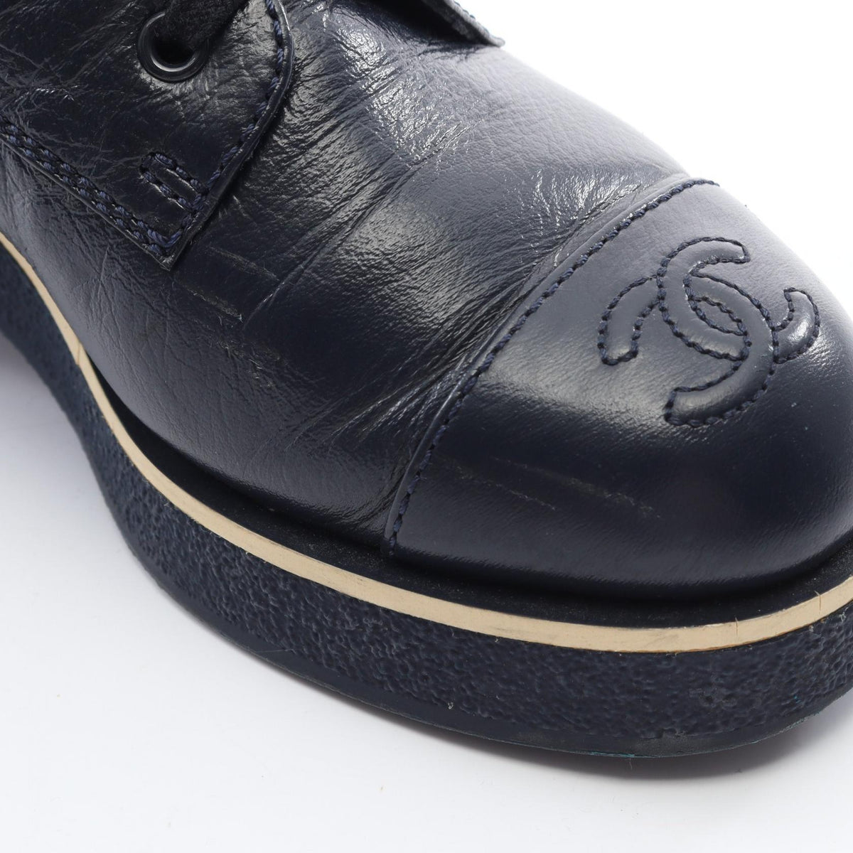 CHANEL Coco Mark Side Zip Lace Up Leather Boots Size 36.5