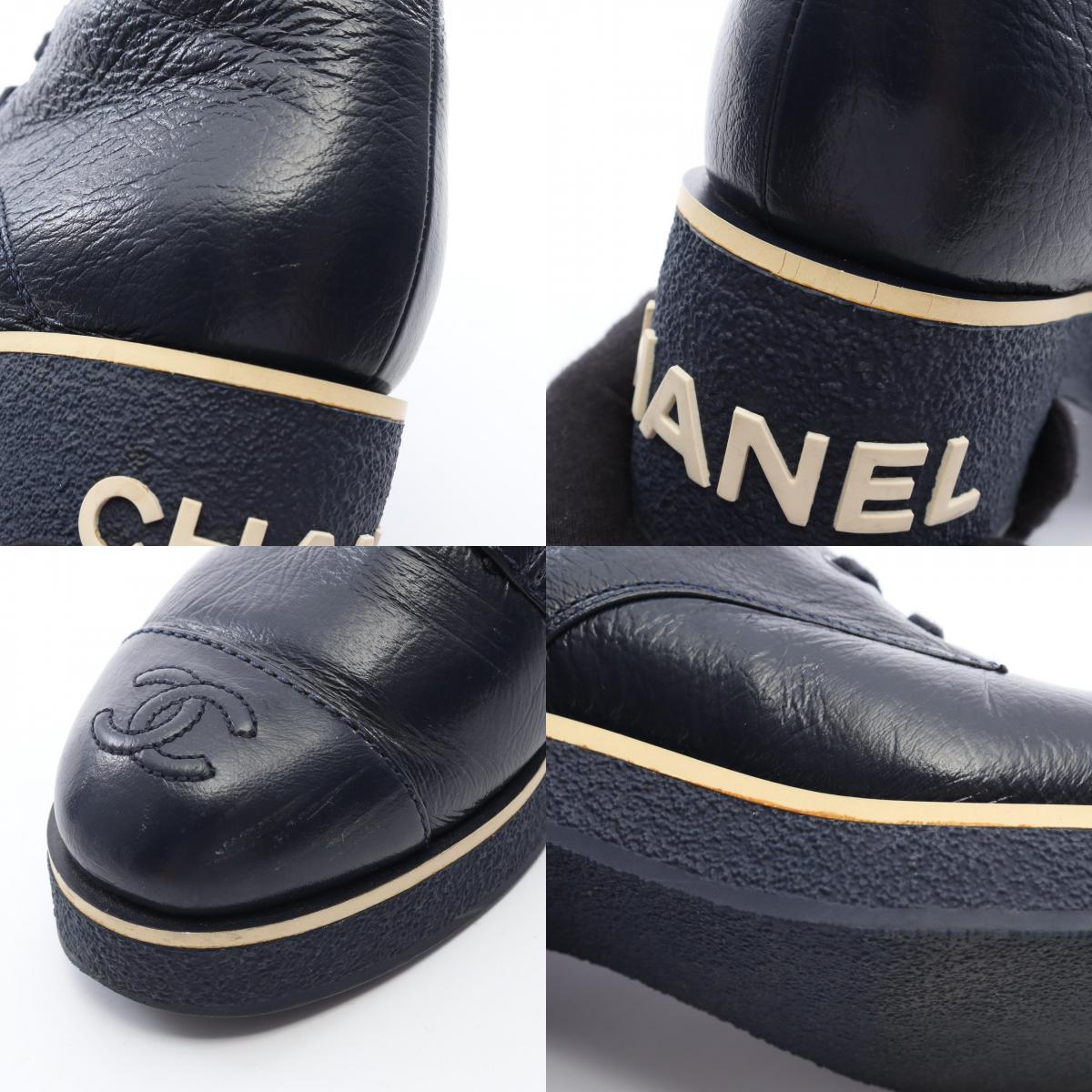 CHANEL Coco Mark Side Zip Lace Up Leather Boots Size 36.5