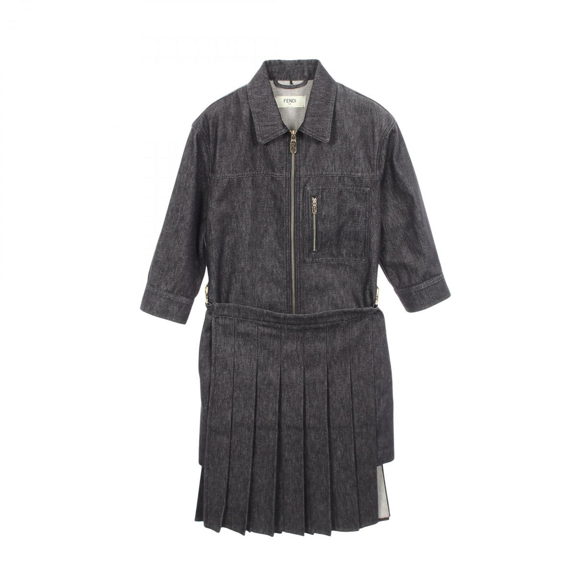 FENDI Zip-Up 3/4 Sleeve Denim Midi Dress Gray Cotton Size 38
