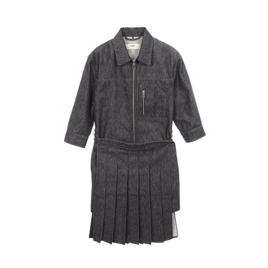 FENDI Zip-Up 3/4 Sleeve Denim Midi Dress Gray Cotton Size 38