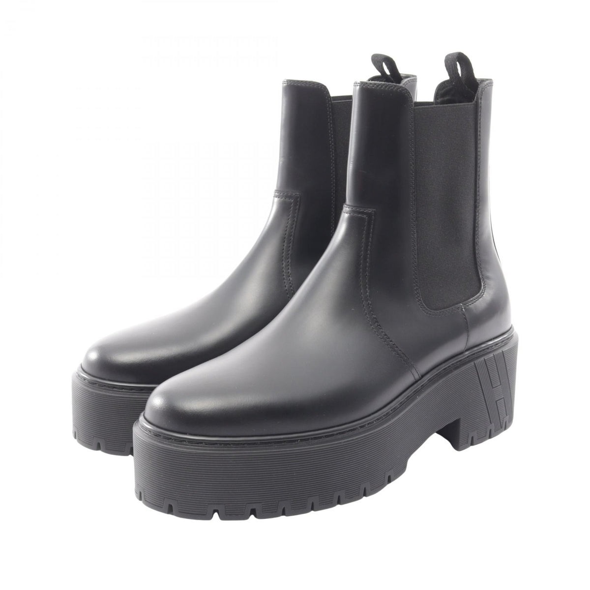 HERMES Hallow Leather Boots Black Size 38.5