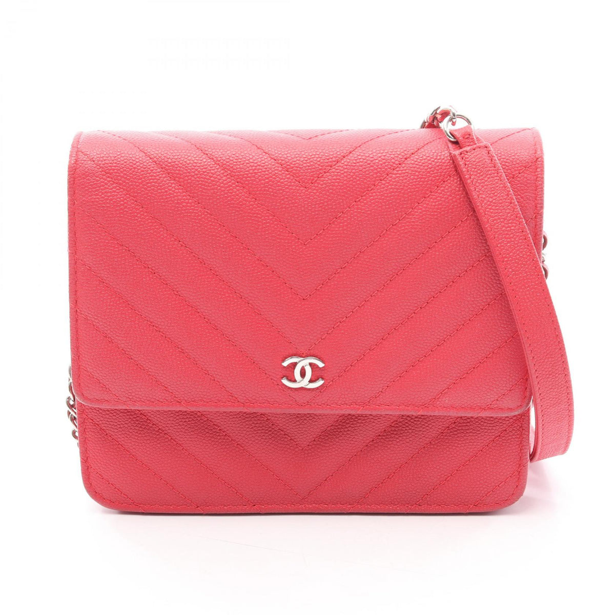 CHANEL Chevron V-Stitch Wallet Red Shoulder Bag