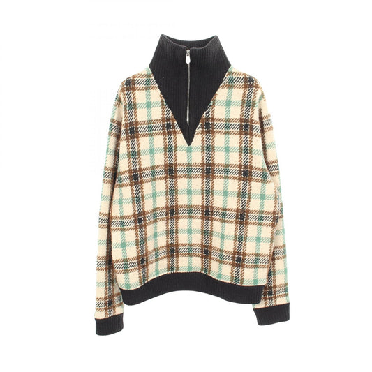 HERMES Check Half-Zip Wool Knit Beige Size L